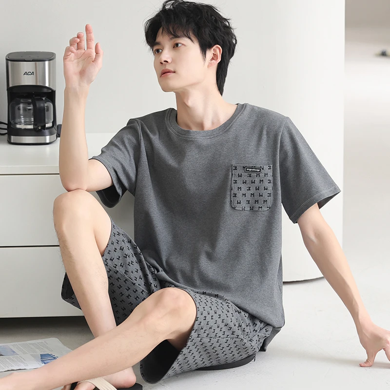 卡之恋男士睡衣夏季短袖圆领套头薄款纯棉灰色休闲简约套装家居服