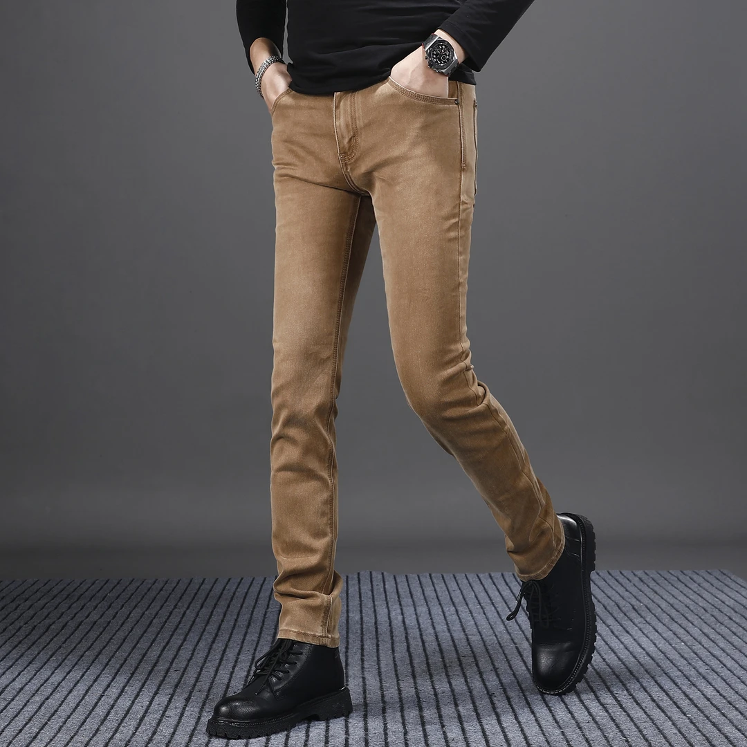卡其色裤子男款爆款2025新款秋冬款修身小脚高端弹力休闲牛仔长裤