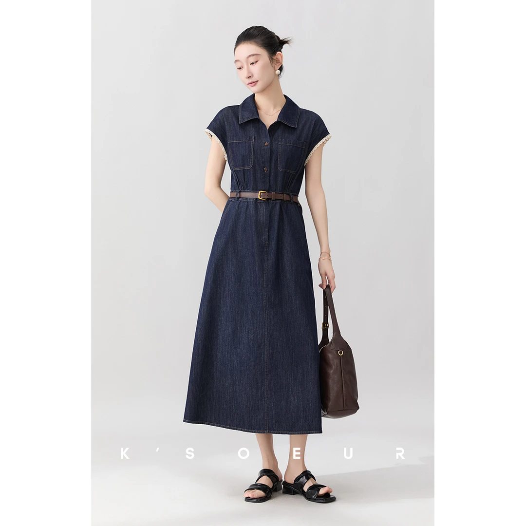 K姐KSOEUR【胶片牛仔】竹节牛仔 翻领无袖气质花边牛仔连衣裙女
