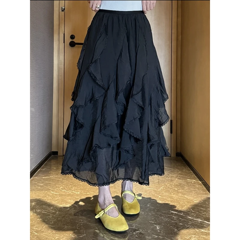 大码松紧腰a字半身裙女春季梨形显瘦宽松中长款不规则荷叶边裙子