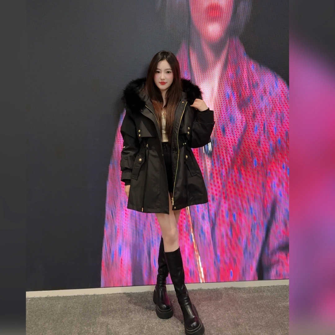 【青花瓷】2024冬季休闲百搭款女士兔毛内胆派克服加厚大毛领外套