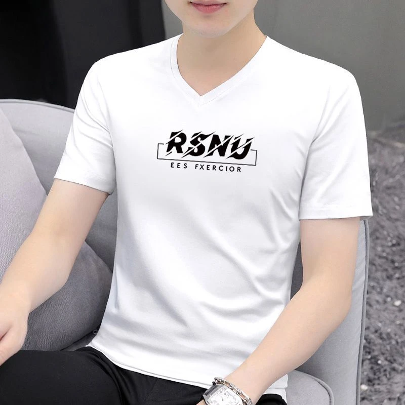 新款时尚印花短袖男士夏季潮流打底男装V领宽松半袖体恤上衣服