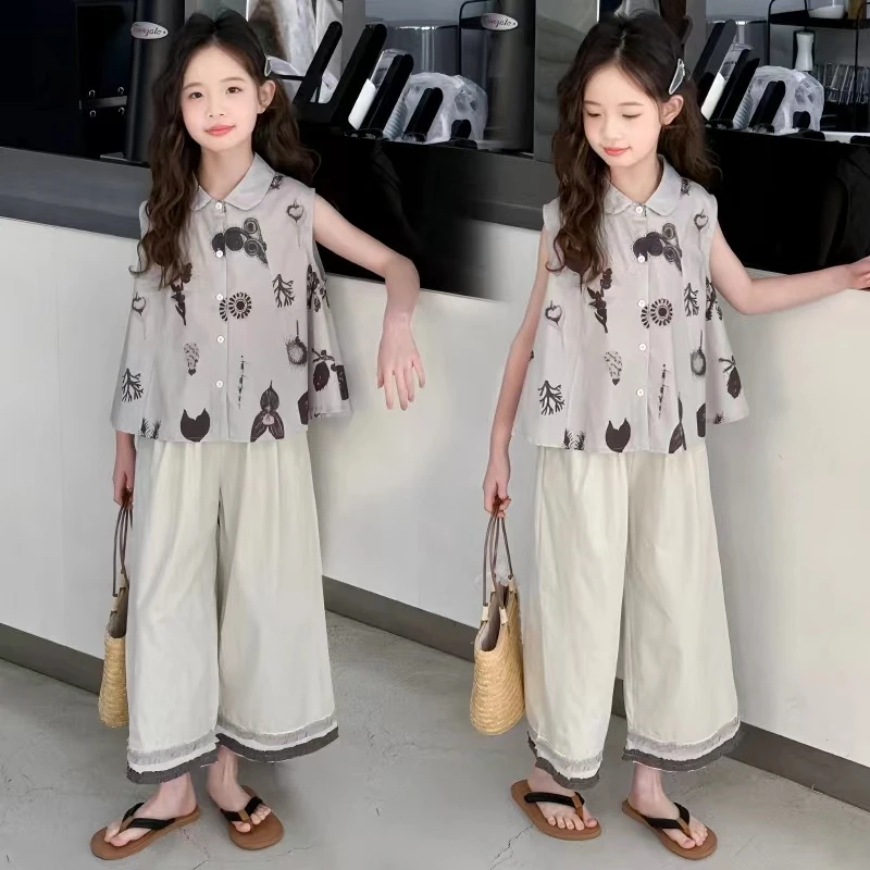 2025时尚夏季中大童碎花长裤套装印花无袖休闲风时尚简约小众舒适