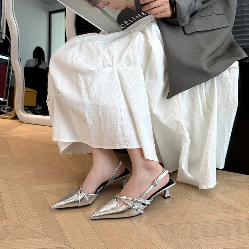 法式一字带包头凉鞋尖头细跟高跟鞋女2025年春夏季新款季气质单鞋