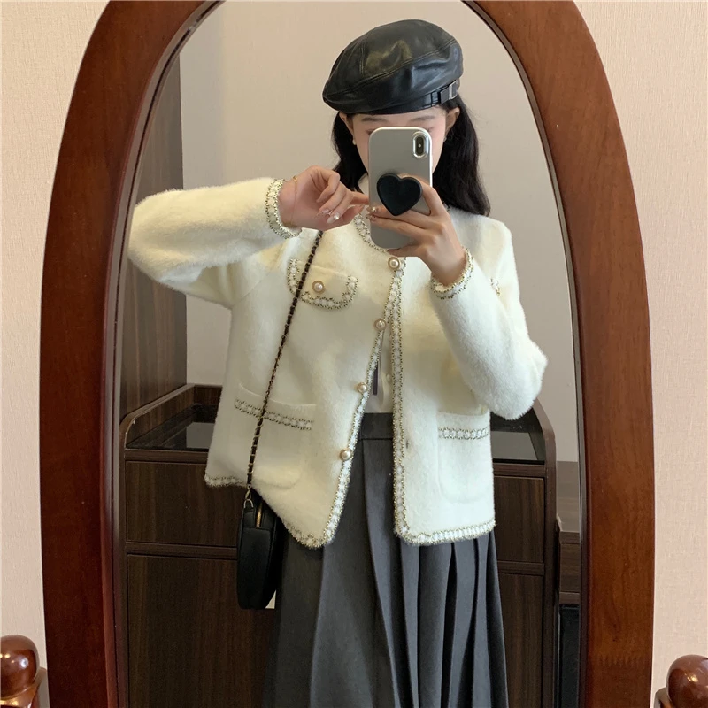 2025秋冬新款法式上衣针织仿水貂绒毛衣开衫洋气小香风开衫外套女