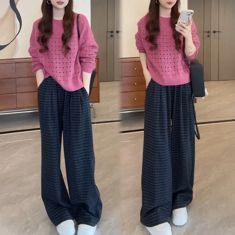 小众炸街减龄套装女2025春秋新款镂空长袖针织衫格子阔腿裤两件套