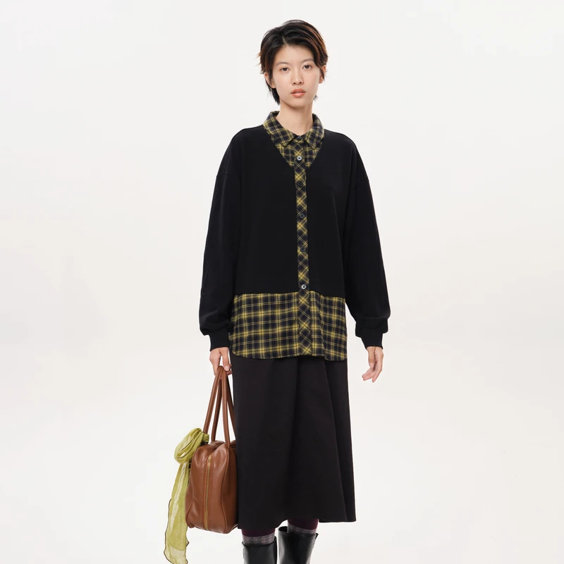 MOVEUP幻走2025冬季新款.FUN 衬衫领拼接叠穿梭织连衣裙3EWD21301