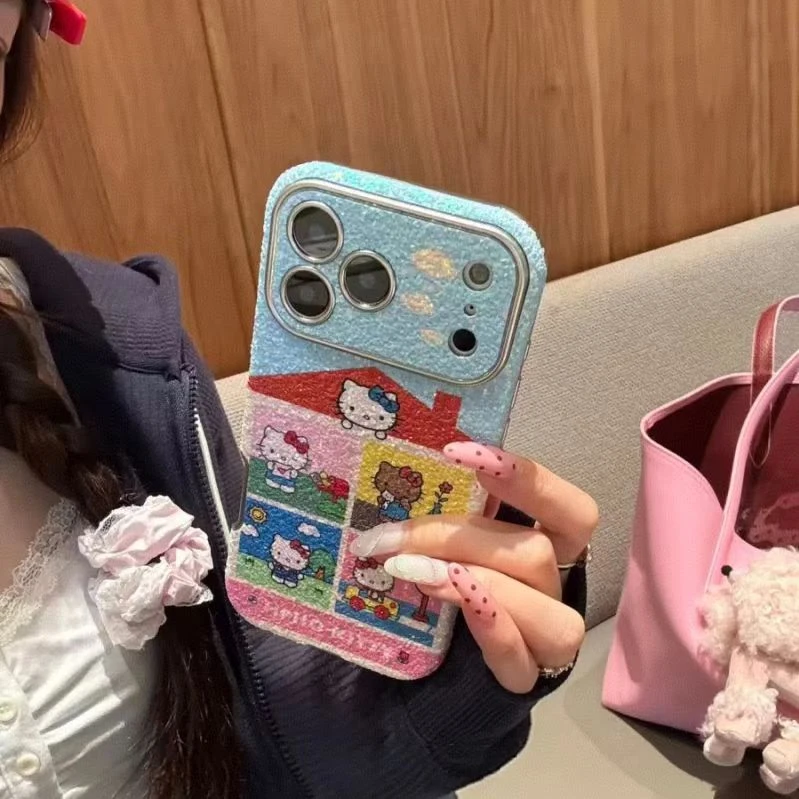蓝底房屋猫咪绒布壳适用于iPhone17promax手机壳16少女心15可爱14