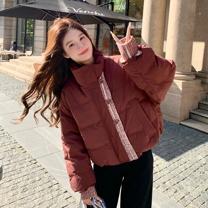 红色针织拼接羽绒服女冬2024新款独特超好看小个子90白鸭绒短外套