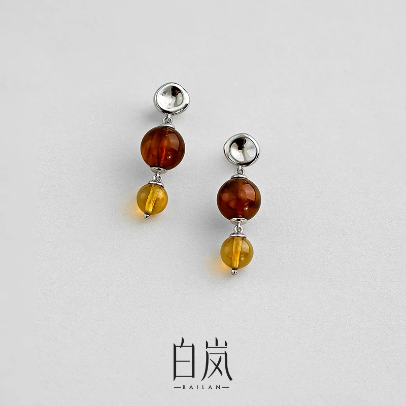 白岚双珀耳钉女琥珀气质耳饰独特设计感耳环法式复古流光风ED4347