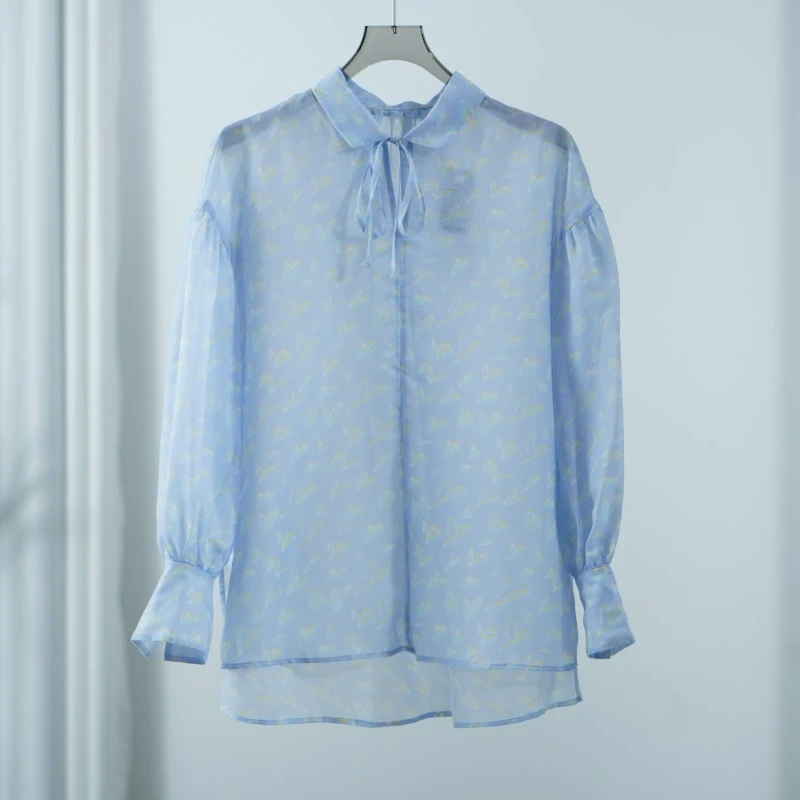 【三C・伊】E609-5  女装春季薄款系带衬衫蓝色Y22310946C51