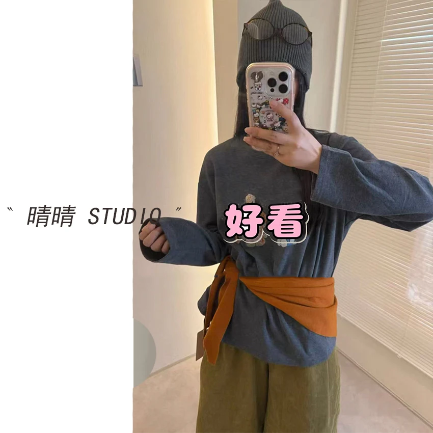 晴晴家-「绣帕藏诗」25年冬韩系简约百搭舒适休闲印花长袖T恤1005