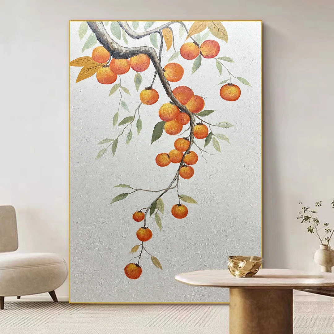 柿柿如意手绘油画客厅装饰画餐厅客厅沙发背景墙玄关竖版抽象挂画