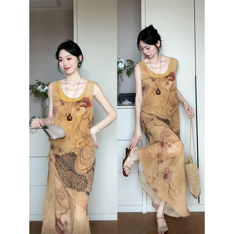 parkyeon新中式解构印花吊带连衣裙女夏季新款设计感抽褶背心长裙