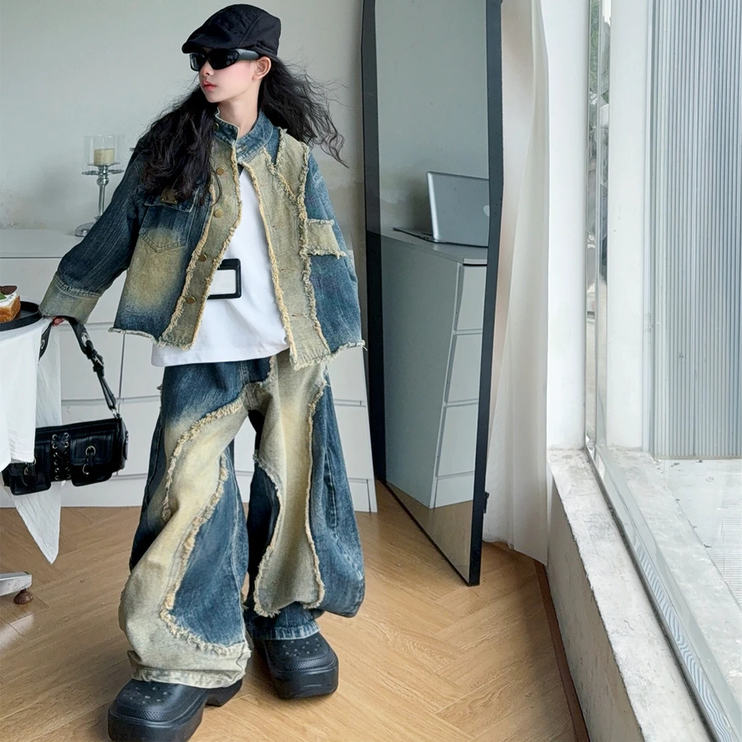 女童牛仔套装复古做旧拼接毛边外套弯刀裤长袖白T三件套2025秋新