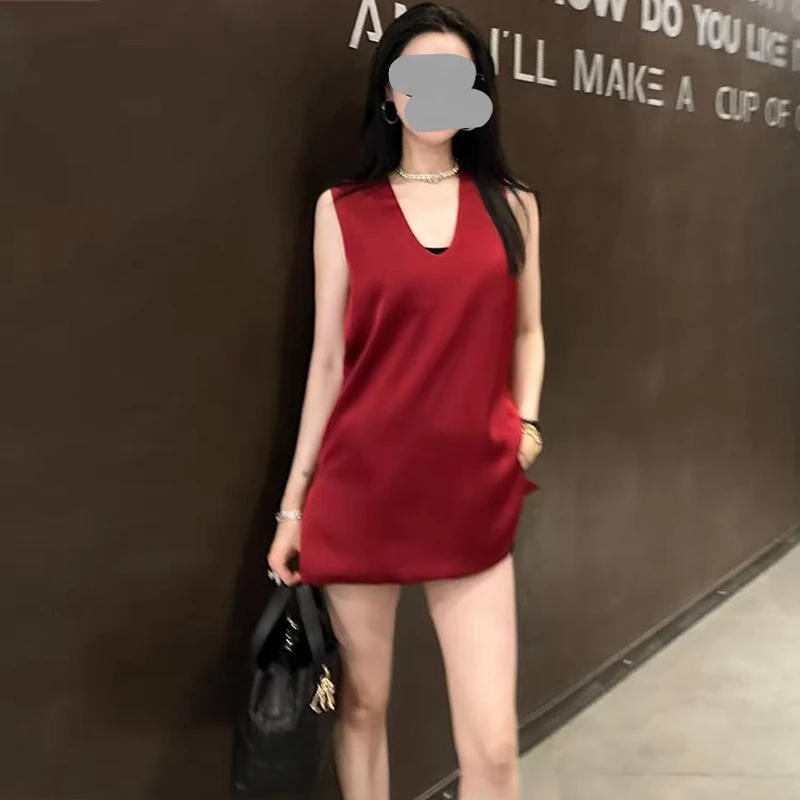 欧洲站2025夏季新款时尚复古纯色V领无袖上衣＋高腰短裤套装女