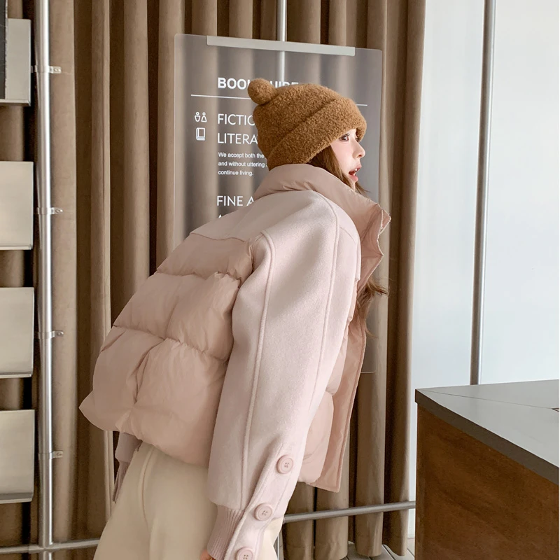 撞色拼接粉色羽绒服女冬2024新款甜美爆款小个子短款90白鸭绒外套