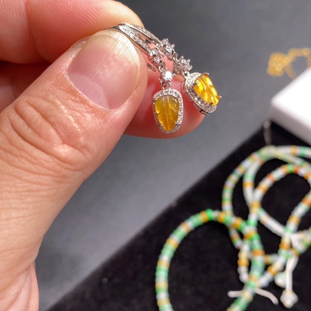 翡翠银S925镶嵌耳坠黄翡叶子耳坠