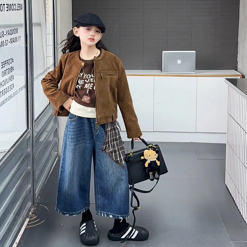 【嘻嘻柚】女童美式复古工装外套2025秋款韩系字母卫衣牛仔裤三件套