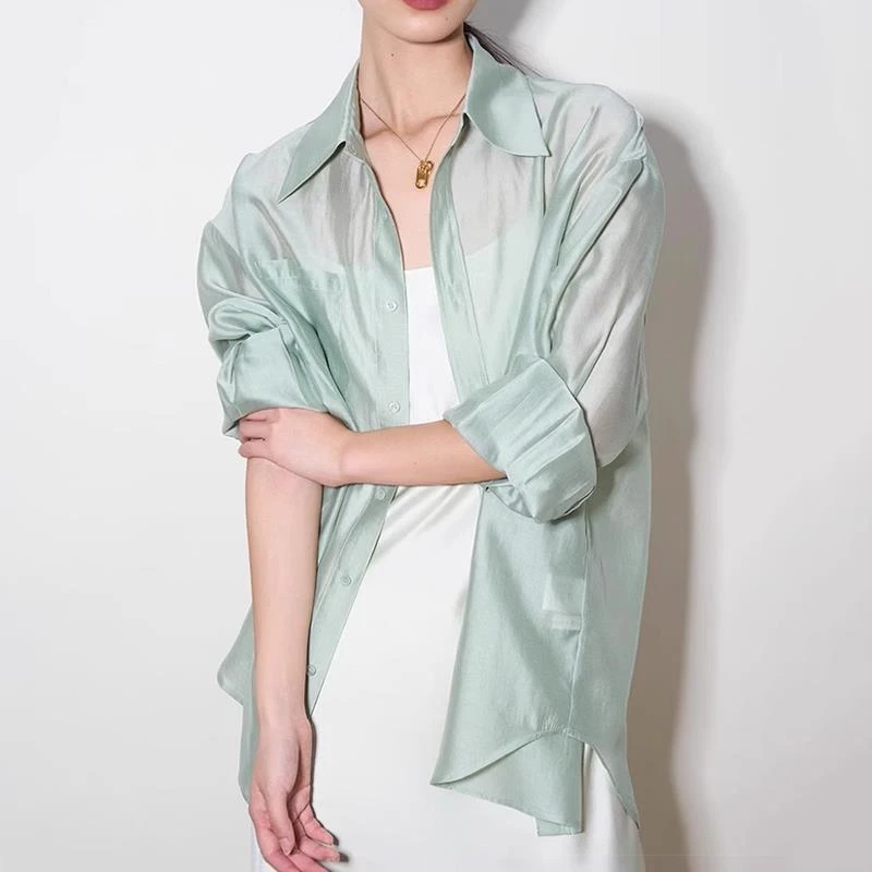 MM莱赛尔白衬衫女夏季吊带裙外搭薄纱防晒衣薄款慵懒风冰丝衬衣