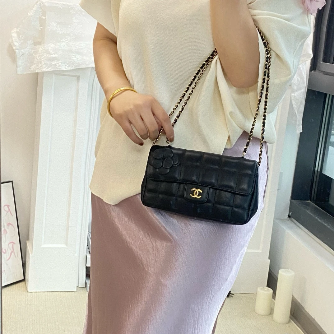 95新 Chanel/香奈儿 chanel黑金山茶花链条包