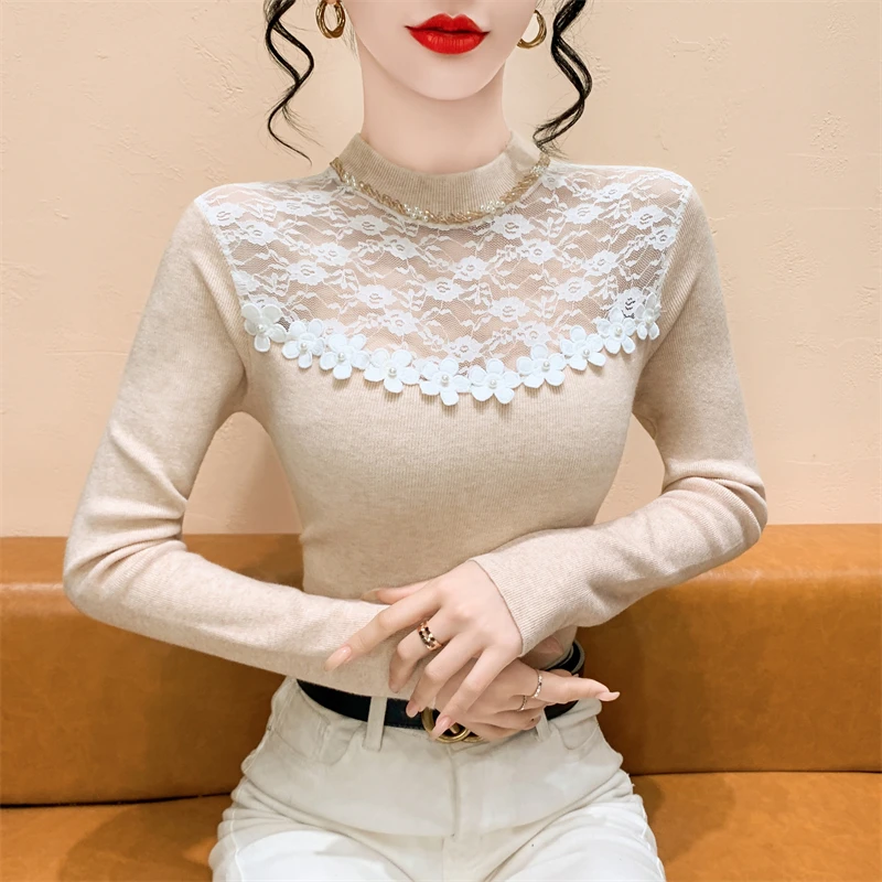 实拍 法式性感蕾丝钉钻透视针织衫接拼花朵秋冬新款打底衫毛衣