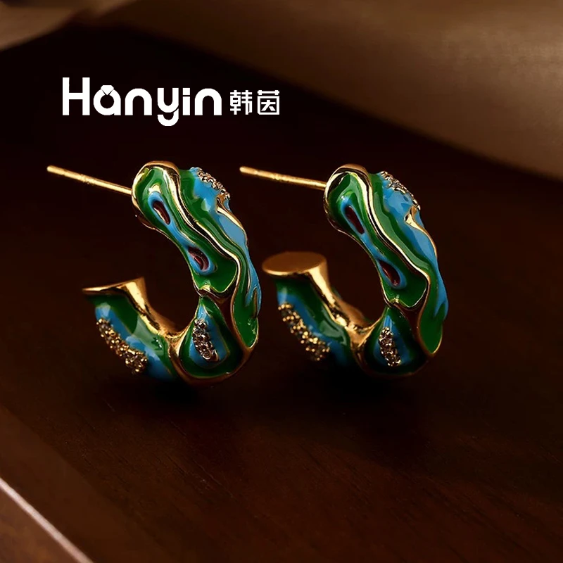 铜合金珐琅耳饰 925银针油画系列原创设计气质百搭彩色耳钉