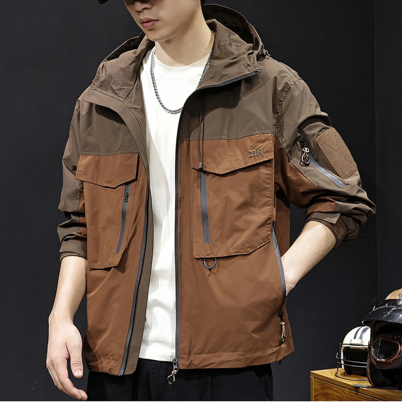 美式拼色冲锋衣男外套2025新款潮牌男装大码男士户外工装夹克春秋
