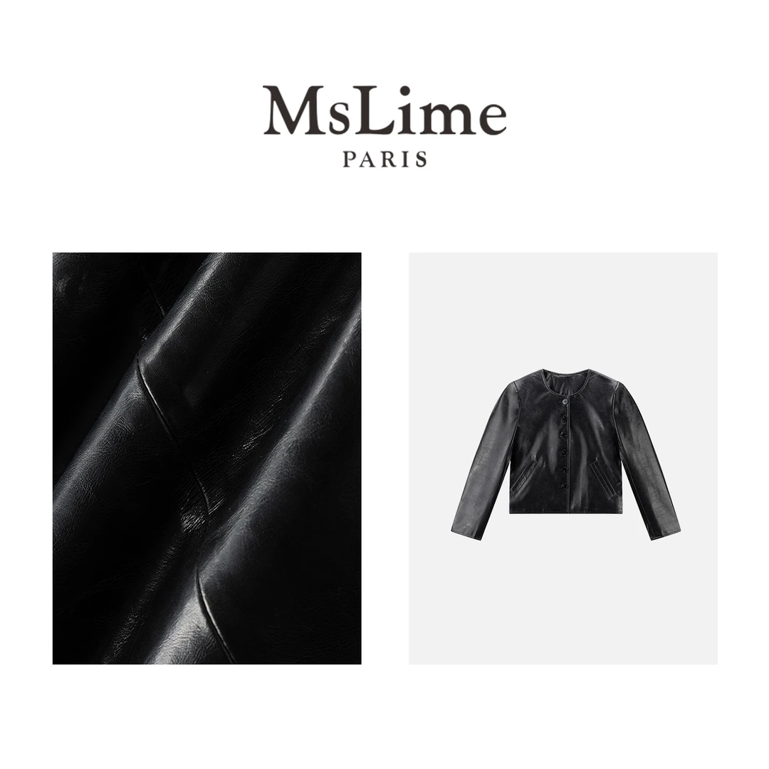 王嬛嬛MsLime’利落无领‘25年新款时尚休闲气质百搭皮衣 HC2C1366