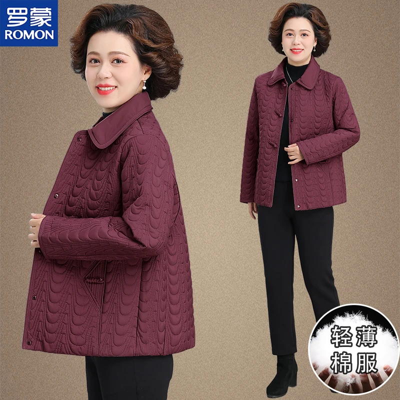 罗蒙洋气妈妈冬装夹棉外套中老年人女加厚保暖上衣秋冬款轻薄棉服