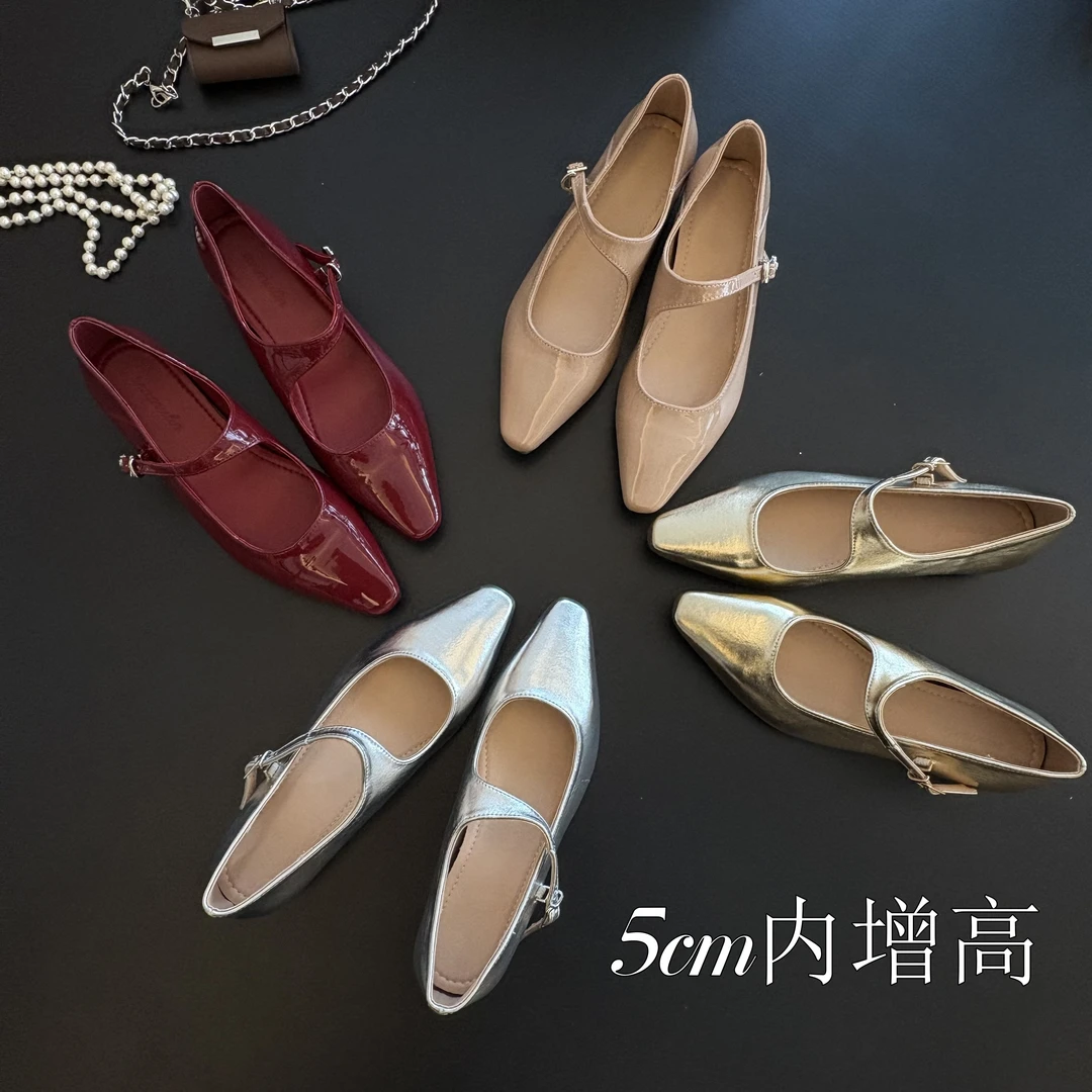 【内增高5cm】小个子法式真皮时尚百搭一字带软皮玛丽珍浅口单鞋女
