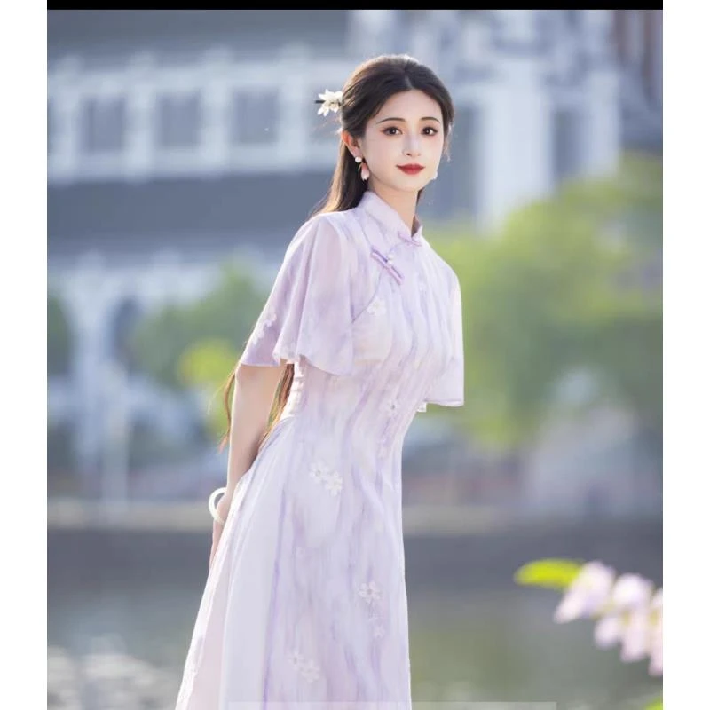 【兰硕】新款A版奥黛遮肉显瘦日常改良版连衣裙紫色蓝色黄色旗袍裙