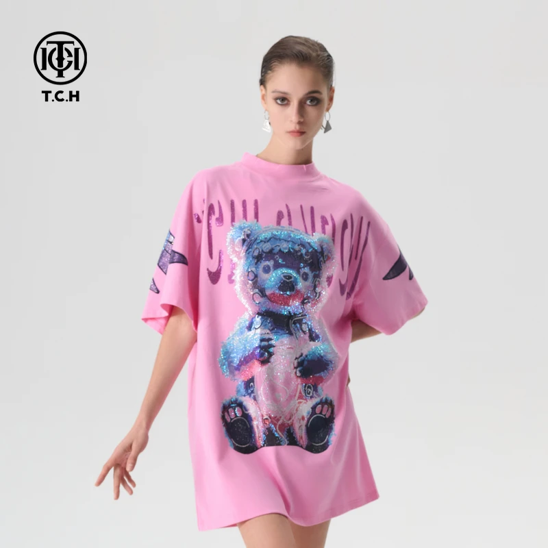 TCH2025夏季新款烫钻时尚小熊印花半袖T恤女经典T72B106208