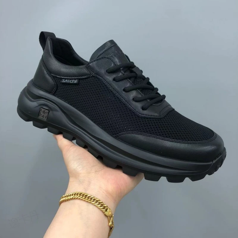 2025真皮网面夏季休闲男皮鞋系带男鞋韩版休闲厚底百搭黑色男士鞋