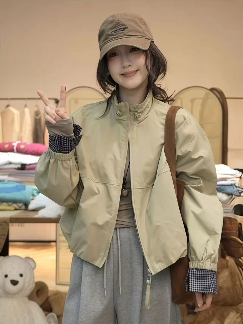 047短外套长袖百搭女休闲风格子立领通勤风秋冬优雅风47