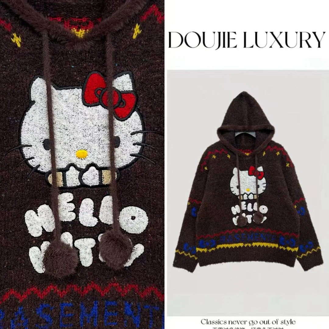 【兜兜】KT猫猫 冬季毛绒刺绣加厚保暖连帽套头针织毛衣 井254521