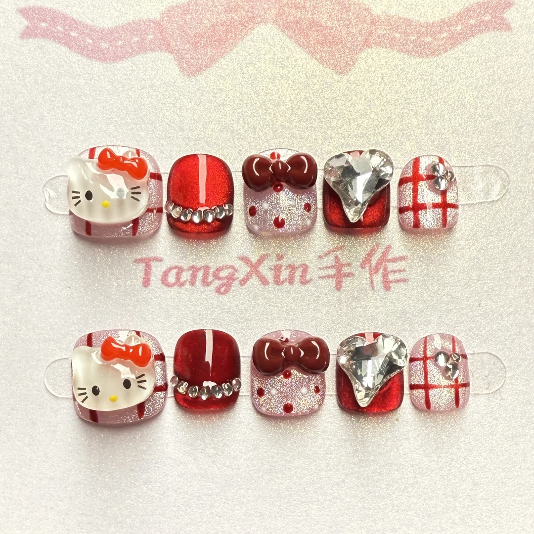 【新年凯蒂猫】小朋友2-12岁纯手工穿戴甲可重复佩戴美甲贴