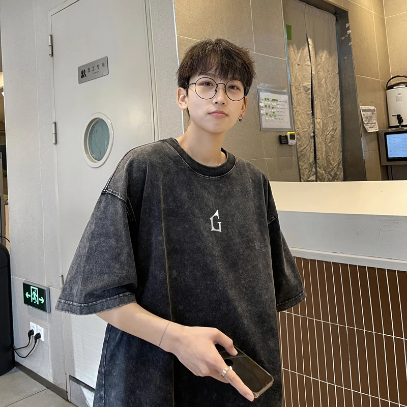 特大码300斤短袖T恤男装夏季复古重磅水洗做旧纯棉暗黑系体恤上衣