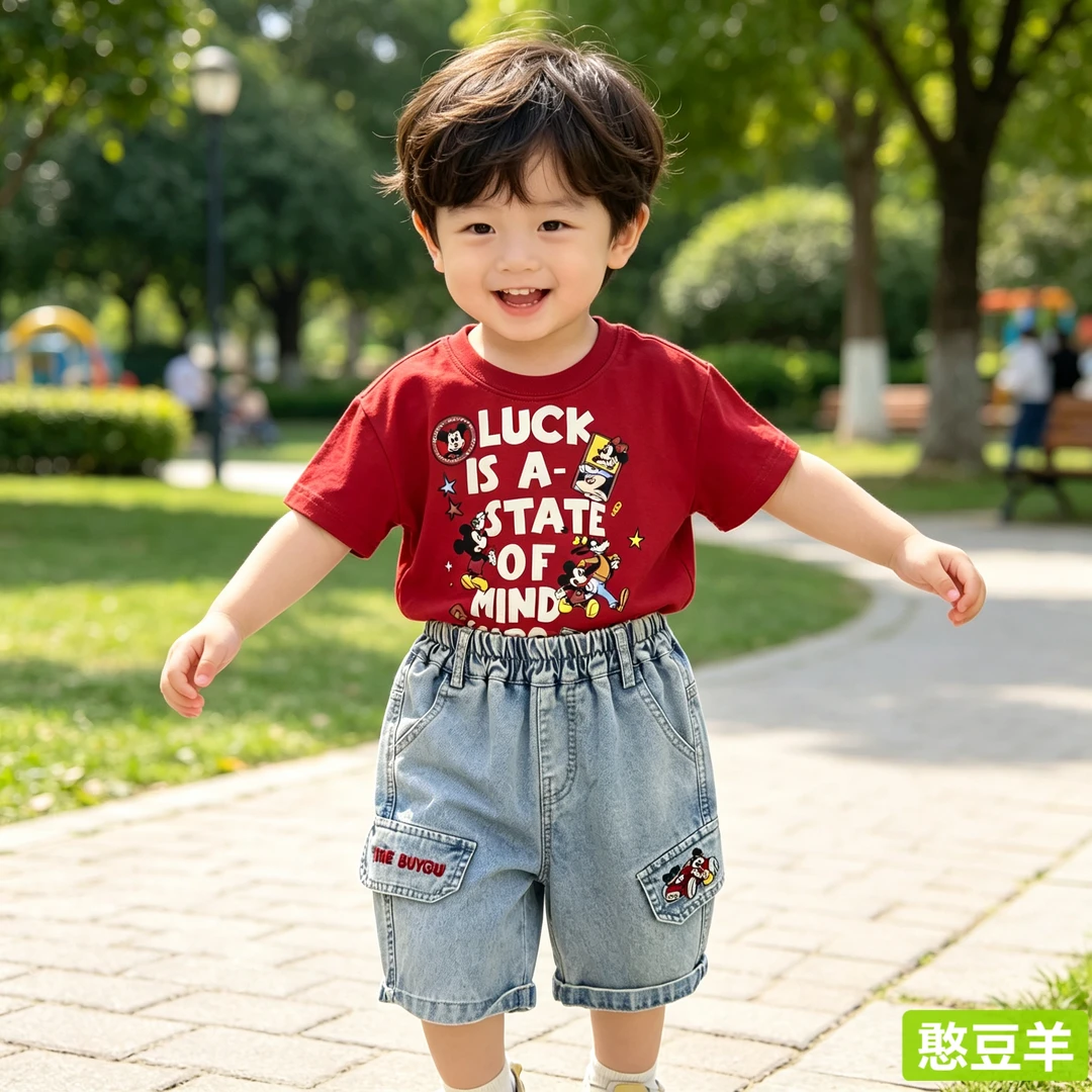【憨豆羊】儿童夏季红色米奇印花T恤843