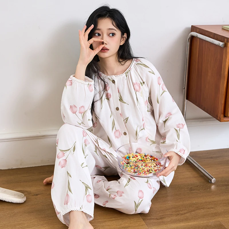 月子服春秋纯棉产后透气棉纱哺乳喂奶家居服怀孕冬孕妇睡衣W6367