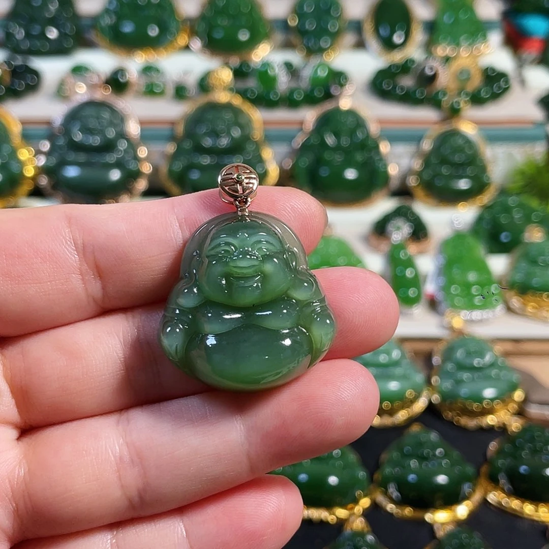 和田玉（碧玉）18K金镶嵌颈饰猫眼佛公30mm