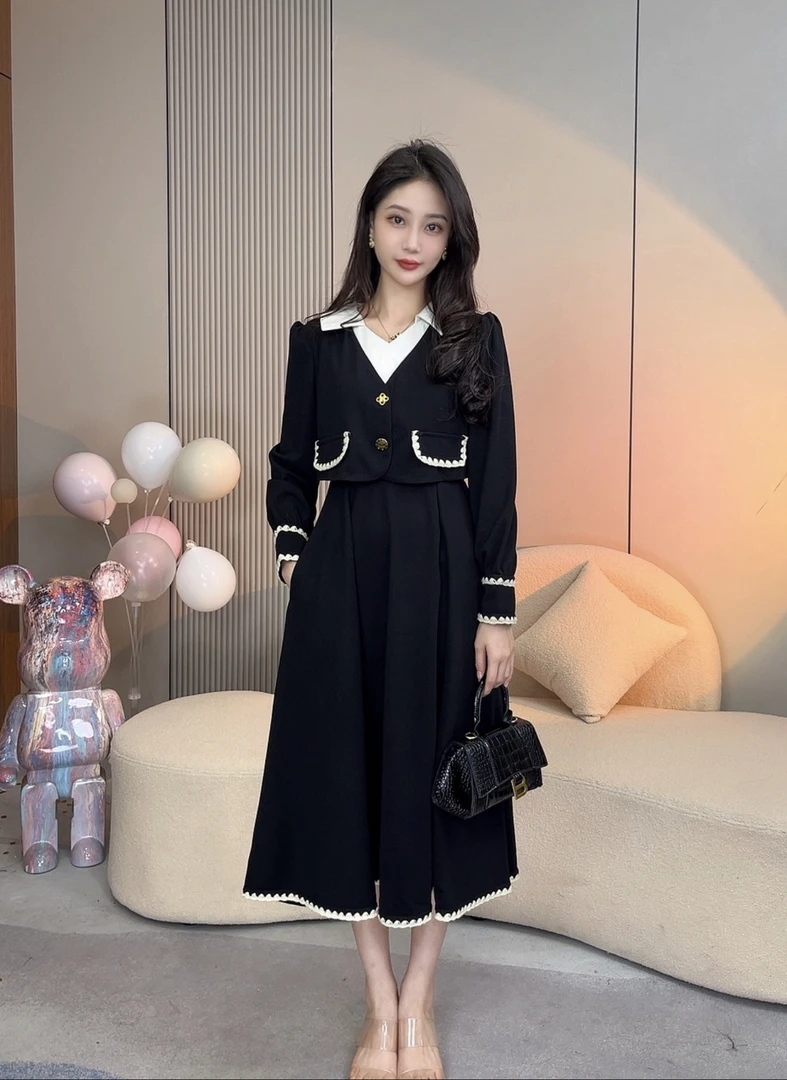 设计感撞色拼接长袖法式复古气质秋冬显瘦连衣裙3551