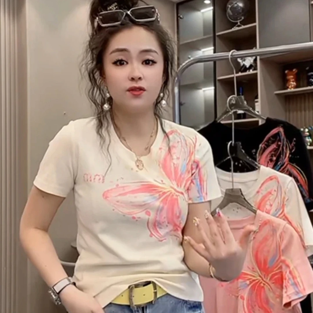 白胖美大码春款减龄修身纯色T恤女气质百搭圆领蝴蝶结印花上衣