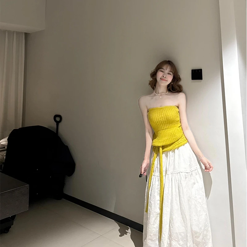 韩系时尚设计感系带收腰一字领T恤女2025年夏季新款休闲百搭上衣