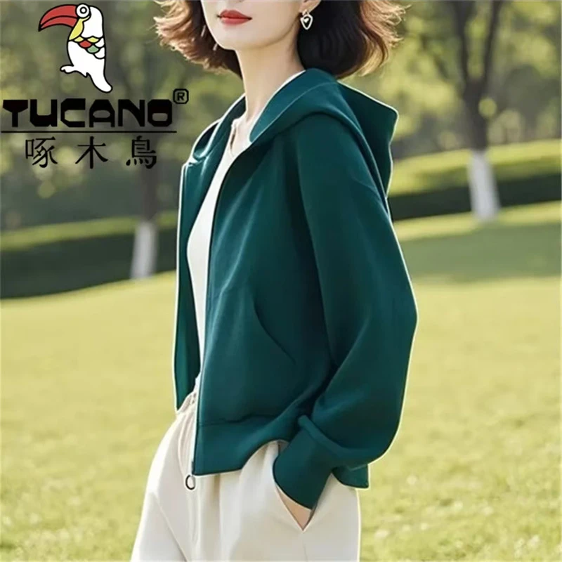 啄木鸟2025年新款遮肉拼接外套女士春秋加厚外穿长袖拉链连帽卫衣