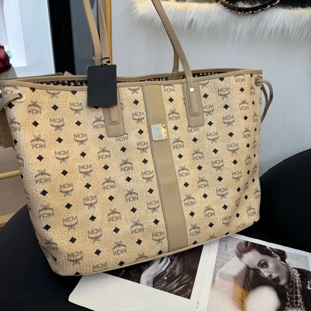99新 MCM 大麦中古/mcm米色大号子母包/托特大号