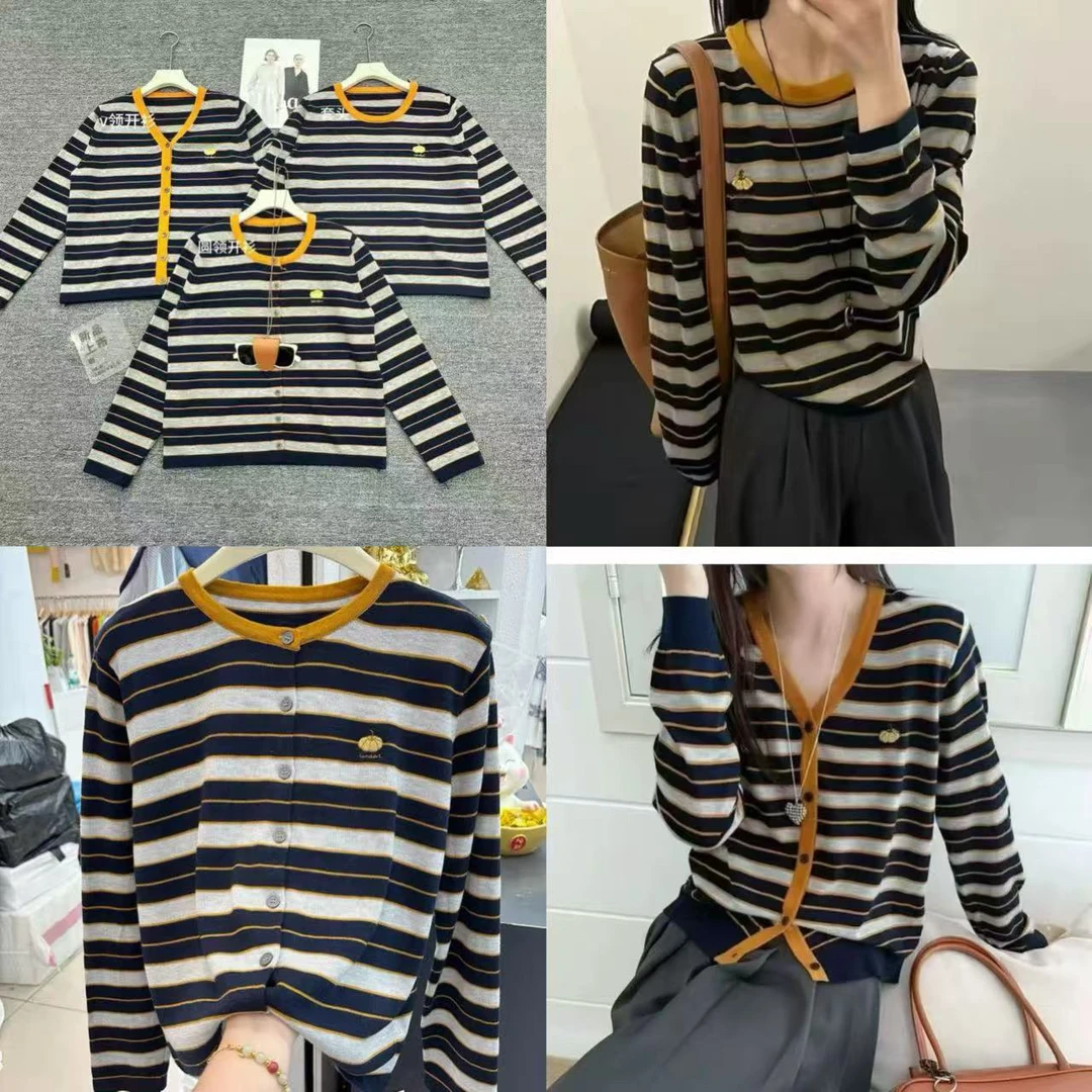 毛修身针织衫V领上衣刺绣条纹开衫女针织时尚撞色毛衣