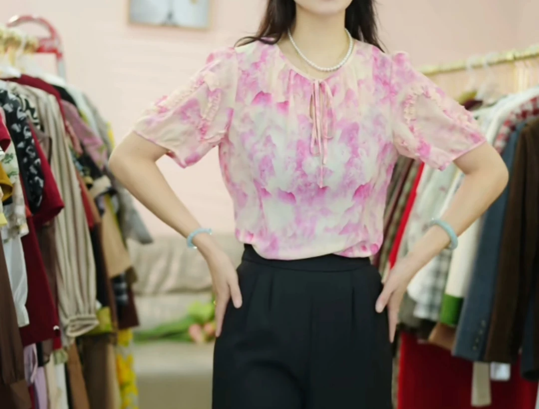 B544 时尚甜美小衫立体花朵上衣女夏短袖显瘦气质