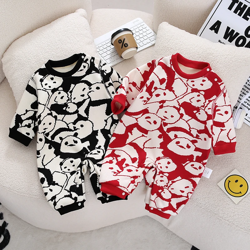 婴幼儿冬季连体衣秋冬熊猫满印加绒连体衣男女宝宝哈衣