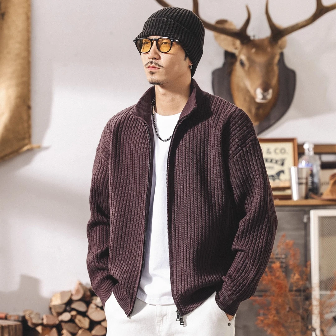 美式重磅复古紫色半高领开衫毛衣男秋冬时尚潮牌宽松针织衫外套男